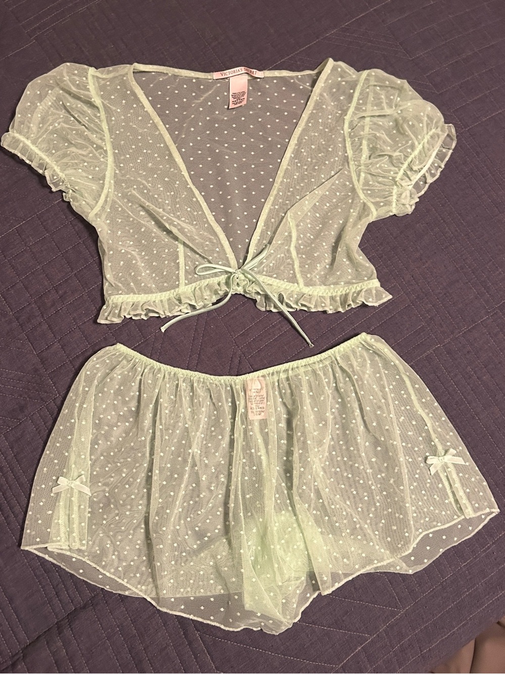 Victoria's Secret Mint Green Sheer Polka Dot Tie-Front Cropped Top & Shorts